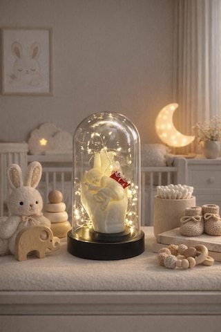 Fanus İçinde Bebek, El Figürü Ve Welcome Baby Yazı Detayı İle Peri Led Dekor Yeni Doğan Hediyesi Beyaz