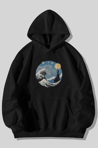 Harmandar Yıldızlı Gece Wave - Dalga Baskılı Unisex Siyah Kanguru Cepli Kapüşonlu Sweatshirt Hoodie Siyahyildizlidalga