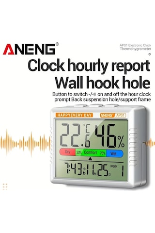 Boatshop1 Aneng Ap01 Black Dijital Termometre Nem Ölçer Büyük Lcd Ekranlı Akıllı Alarmlı Saat Ev Ofis İçin