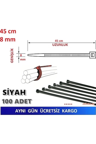 100 Adet 45Cm X 8Mm Plastik Kelepçe Kablo Bağı Siyah