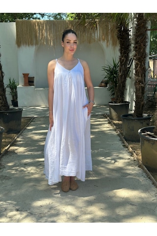 Yazlık Keten Askılı Oversize Elbise Beyaz
