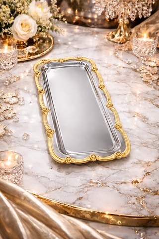 Gold- Gümüş Nişan Tepsisi Dikdörtgen Sunum Tepsisi Söz & Nişan Yüzük Tepsisi, Kahve Sunum Tepsisi Altın - Gümüş