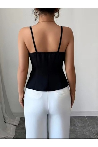 DefyModa Kadın Askılı Önü Döğmeli Atlas Bluz Siyah