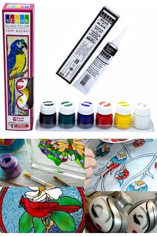 Cam Boyası 6 Renk 20 Ml Ve Siyah Kontur Boyası 1 Paket Cam Vitray Boyama Seti Südor Çok Renkli