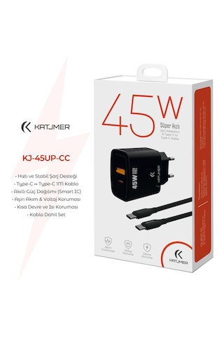Katjmer Kj-45up-cc Usb-pd 45w Şarj Adaptörü Type-c To Type-c Kablo