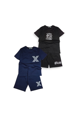 Minik Motion 2'li Set Kısa Kollu Tshirt Ve Şortlu Çocuk Minikmotion Alt Üst Takım Lacivert - Siyah