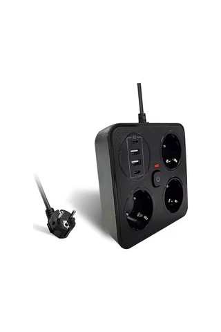 Akım Korumalı Anahtarlı Priz - 3x Priz - 2x Usb - 2x Type-c - 2 Mt Kablo Hızlı Şarj Özellikli Siyah 1