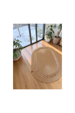 Oval Jüt Hasır Halı Görünümlü Doğal Boho Balkon Banyo Oturma Odası Kapı Önü Paspas Bej 860458852 Bej