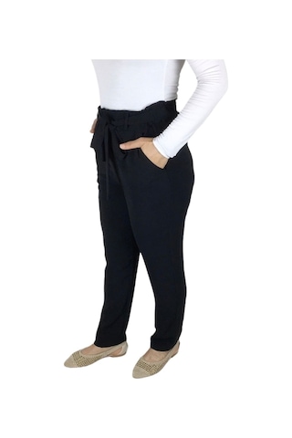 Kadın Beli Lastikli Kuşaklı Cepli Dar Paça Ayrobin Pantolon Siyah