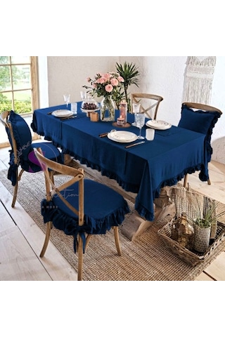 Lacivert Renk El Yapımı Buldan Yıkanmıs Keten 4 Tarafı Fırfırlı Sandalye Minderi Lacivert