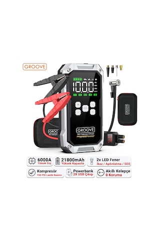 Groove F04 21800mah 6000a Akü Takviye Cihazı+lastik Şişirme Pompası Kompresörlü Jump Starter Çanta+powerbank+led Lamba+lcd Ekran