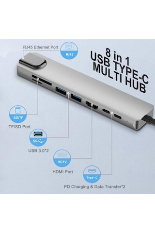 Maxgo 3008 8 in 1 USB Type-C HDMI USB Ethernet Pd Girişli Port Adaptör Hub
