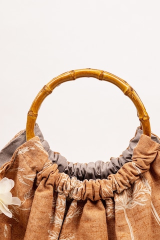 Fabric Craft Bag El Çantası Keten Kumaş Bambu Saplı Çiçek Desen Taba - Kahverengi