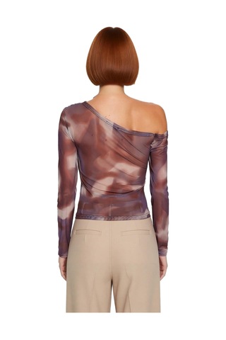 Ersefa Moda Asimetrik Yaka Örme Slim Çiçekli Desen Casual Günlük Regular Kahverengi
