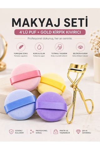 5 Parça Makyaj Seti Gold Kirpik Kıvırıcı Ve 4'lü Tutmalı Parmak Pudra Pufu Sünger Seti Çok Renkli