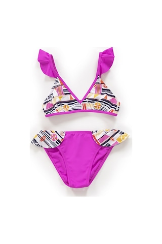 Endeep Kız Çocuk Desenli Volanlı Pembe Bikini Takımı Beyaz