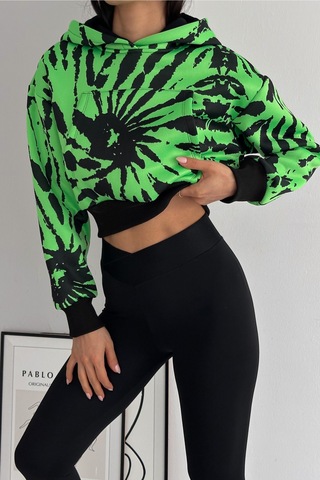Femelle Yeşil Kapüşonlu Kanguru Cepli Renkli 3 İplik Şardonlu Crop Sweatshirt