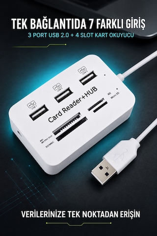 Usb 2.0 Çoklayıcı Hub 3 Port 4 Slot Kart Okuyucu Sd Micro Sd Mmc Ms 480 Mbps Tak Çalıştır Beyaz Abs