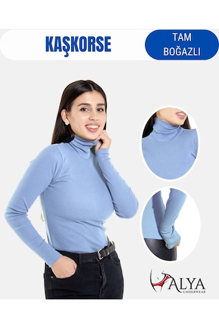 Alya Underwear Kaşkorse Tam Boğazlı Body Sweatshirt, Fitilli Kumaş, Likralı, Gül Kurusu Gök Mavi