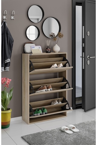 Ceha 3'lü Düşer Kapaklı Ahşap Ayakkabılık - Egger Meşe A.AYK-3/MEŞE