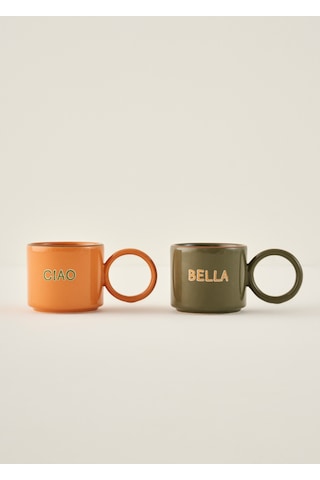 Bella Maison Line Halka Kulplu 2'li Seramik Fincan Turuncu-yeşil 180 Cc Yeşil-turuncu