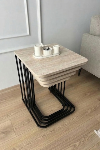 Renlife Zigon Sehpa Takımı 4'lü Metal Tekerlekli Modern Salon Oturma Odası Sehpası Siyah Traverten