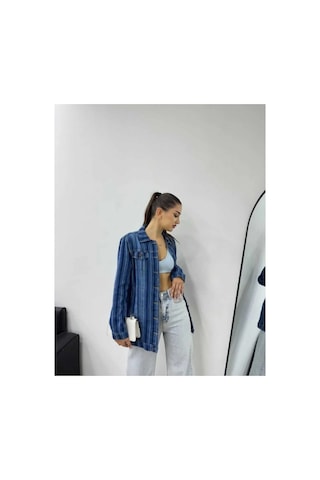 Kene Jeans Çizgili Boyfriend Tam Kalıp Ceket Mavi