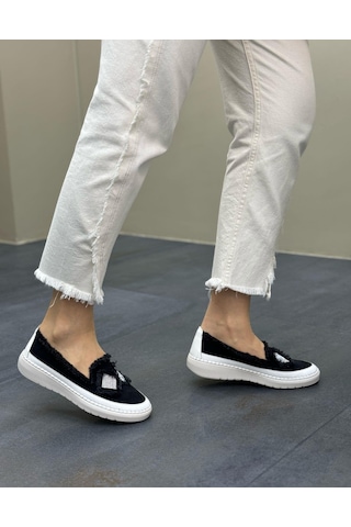 Siyah Renk Taşlı Düz Taban Kadın Kot Sneakers Siyah