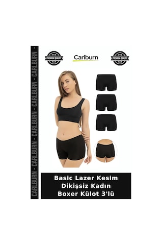 Carlburn Özel Üretim Basic Lazer Kesim Dikişsiz Kadın Boxer Külot 3'lü Temel Giyim Pantolon Altı Gece Giysisi Siyah