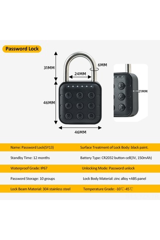 Yaozixa Sy13 Model Siyah Akıllı Kilit - 6 Haneli Şifre Kilidi, Cr2032 Pil İle Çalışır Pil Dahil , Ip67 Su Geçirmez, Çinko Alaşımlı Gövde