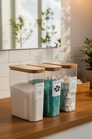 Snippy - Armoni - 3'lü Büyük Boy Deterjan Saklama Kutusu Etiketli Banyo Toz Tablet Toz Deterjan Kutusu 2500ml Şeffaf