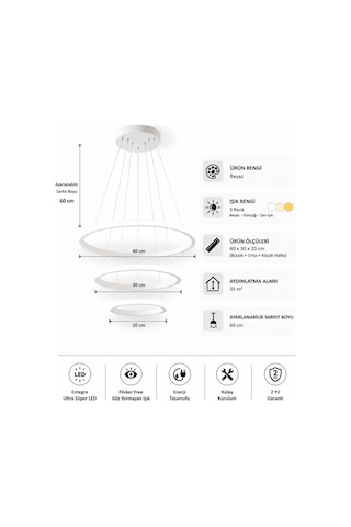 AvizeGO Rizon 3 Lü Led Sarkıt Avize 3 Renk Kumandalı Beyaz