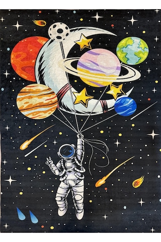 Çocuk Odası Halısı Astronot Uzay Desenli Siyah Dijital Baskı Kaymaz Makinede Yıkanabilir Oyun Halı Siyah