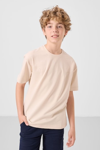 Bej-lacivert Pamuklu Oversize Fit Dokuma Hafif Esnek Chino Erkek Çocuk Şort Takım - 11277 Bej