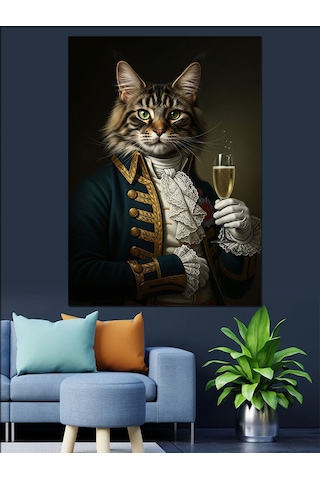 Şampanya İçen Aristokrat Kedi Dekoratif Kanvas - Mdf Ahşap Tablo