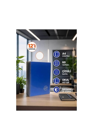 Pp Kapak Spiralli 60 Yaprak A4 Çizgili 12 Adet Defter Çok Renkli