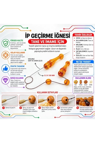 Tesbih Tane Ve İmame Ye İp Geçirme İğnesi -1 Paket - 1 Adet İşleme Ekipmanı Metalik
