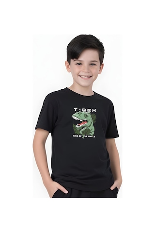 T-rex Baskılı Erkek Çocuk Kısa Kollu Tişört Siyah