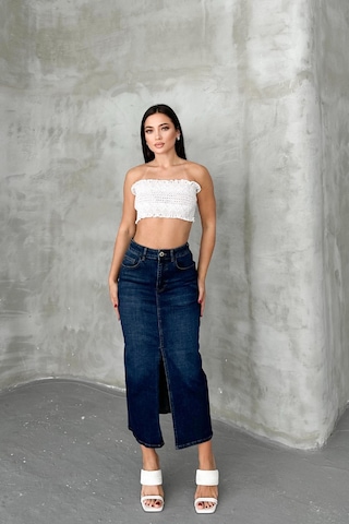 HLT Jeans Koyu Mavi Kadın Regular Fit Yüksek Bel Uzun Maxi Boy Denim Kot Etek Merry-4095 Koyu Mavi