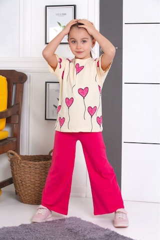 Tunays Shopping İspanyol Paça Tayt Pantolon Kalp Baskılı Oversize Tshirt Kız Çocuk Alt Üst Takım Fuşya