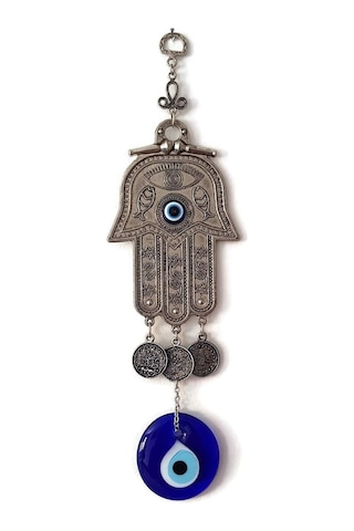 Fatma Eli - Hamsa Metal Duvar Süsü Cam Nazarlık Sallantılı 21x6cm