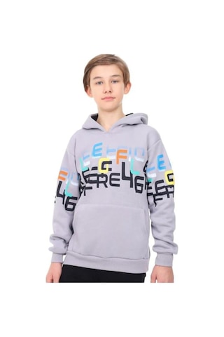 Mon Cherry Erkek Çocuk Üç İplik Renkli Yazılı Kapüşonlu Sweatshirt-13718 Gri