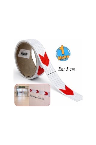 Yapışkanlı En 5 Cm 1 Metre Kırmızı Beyaz Petekli Ok Yönlendirme Reflektörlü Reflektif Şerit Bant