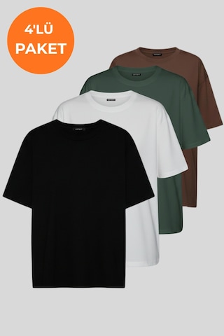 Soft&Basic Kadın 4'lü %100 Organik Pamuk Oversize Fit Basic Yuvarlak Yaka T-shirt Siyah-beyaz-haki-kahverengi