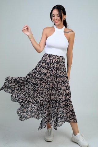 Kadın Beli Lastikli Astarlı Mini Çiçekli Midi Kraşlı Üçgen Etek-41724 Siyah