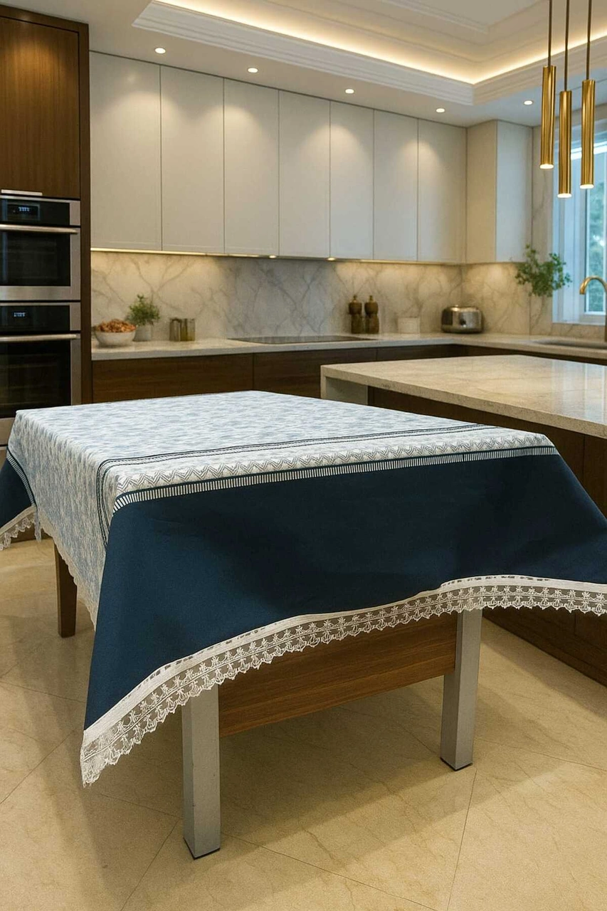Lüks Mavi Beyaz Çiçek Desenli Masa Örtüsü Dantel Detaylı Şık Ev Dekoratif Sofra Örtüsü Lacivert
