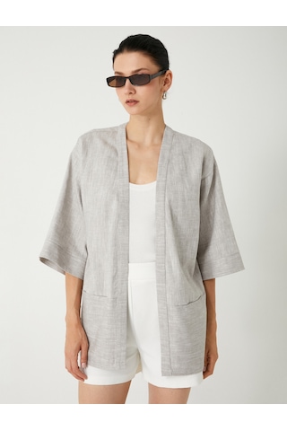 Koton Keten Karışımlı Kimono Kısa Geniş Kol Cepli Bej Desenli 4sak50145pw Ekru