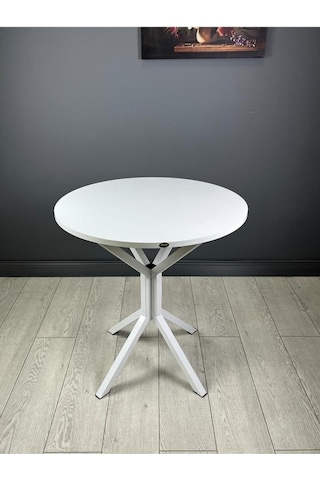 Nisa Beyaz Yuvarlak Mutfak Masası Yemek Masası Balkon Masası Metal Beyaz Ayak 70 Cm
