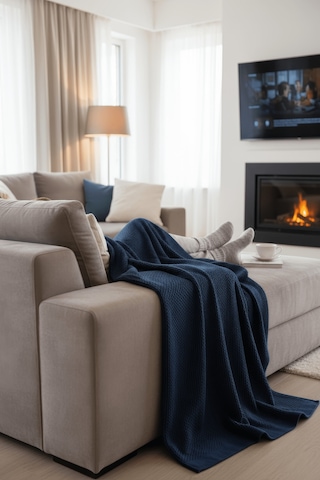 Yumuşak Örgü Battaniye Düz 130x170 Cm İndigo Tek Kişilik Tv Battaniyesi Dekoratif Ve Hafif Indigo