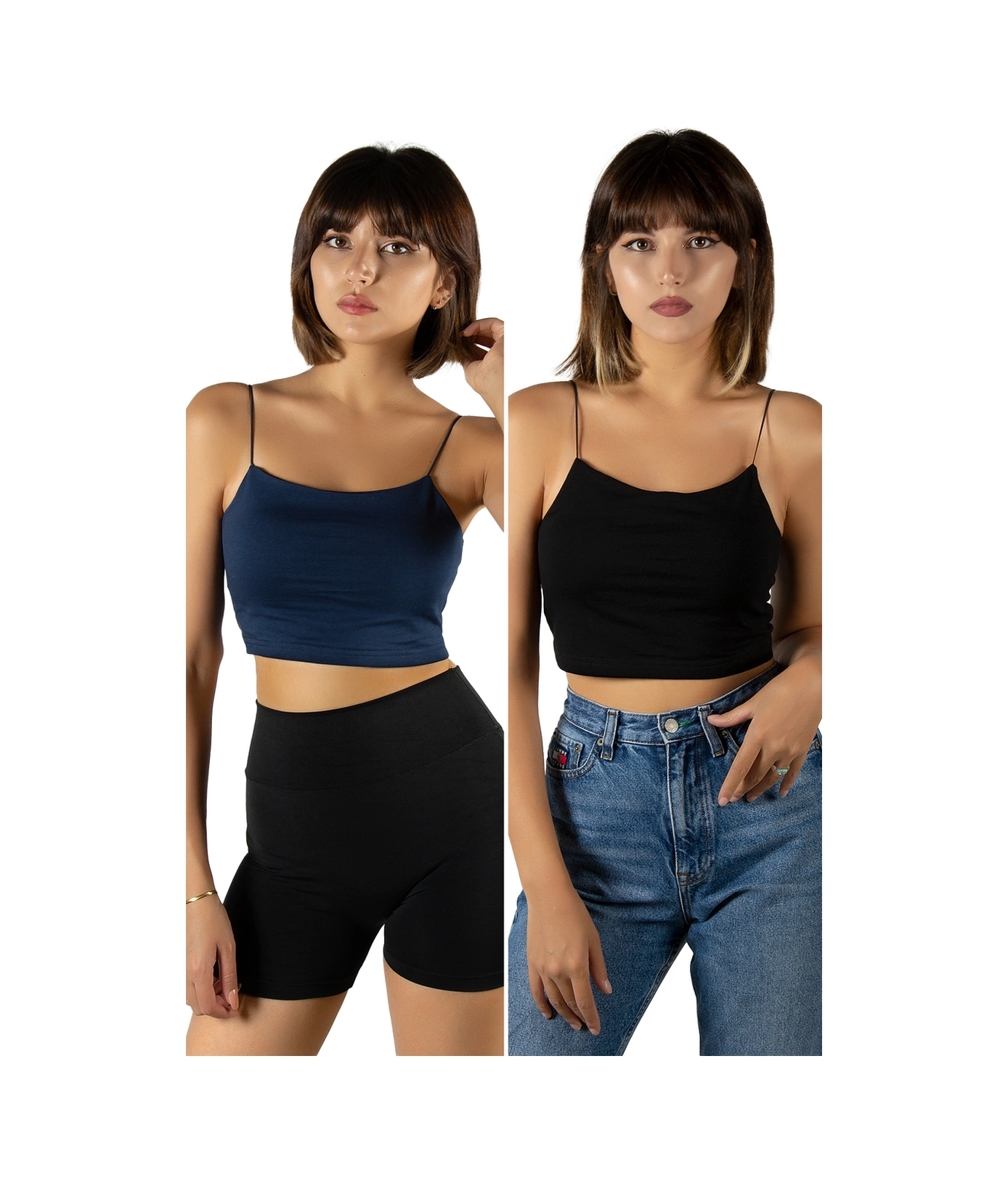 Veaven 2'li Paket Kadın Lacivert-siyah Ip Askılı Pamuklu Crop Top Büstiyer Bluz Atlet Lacivert-antrasit